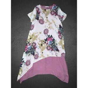 Cellabie Linen Blend Asymmetrical Dress Plus Size 3XL Pink White Floral Layered